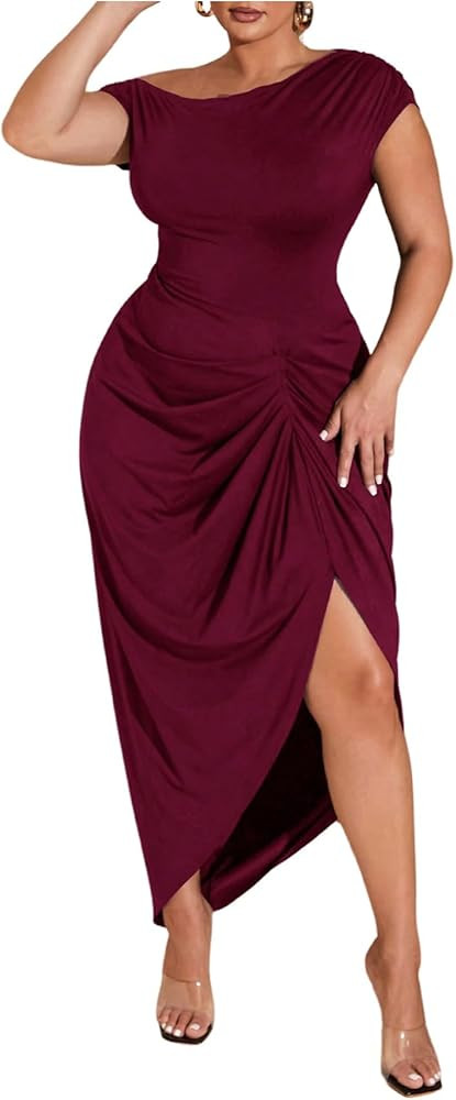 Floerns Women's Plus Size Asymmetrical Neck Long Dress Ruched Slit Hem Cocktail Dress | Amazon (US)