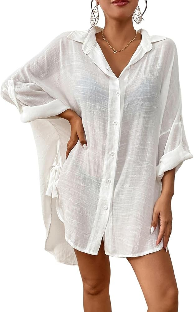 Bsubseach Linen Bathing Suit Cover Up Shirt Women Button Down Beach Cover Ups Split Tie Swimsuit ... | Amazon (US)