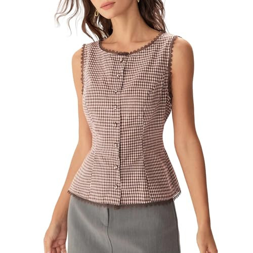 Ainangua Women Plaid Button Tank Top Summer Y2K Lace Trim Sleeveless Checkered Vest Casual Elegan... | Amazon (US)