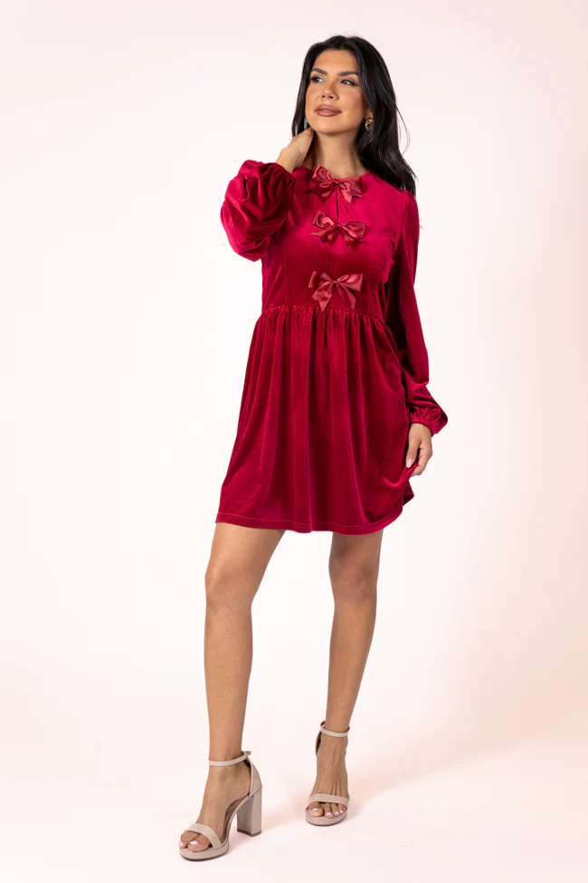 It's The Little Things Red Bow Detail Velvet Dress | Pink Lily