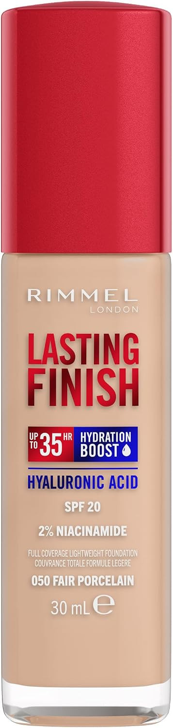 Rimmel Lasting Finish 35Hr Foundation 050 Fair Porcelain, Full Coverage, Hydrating, SPF20, Hyaluronic Acid, Vitamin E, 2% Niacinamide, All Day Wear, Vegan, Cruelty Free | Amazon (UK)