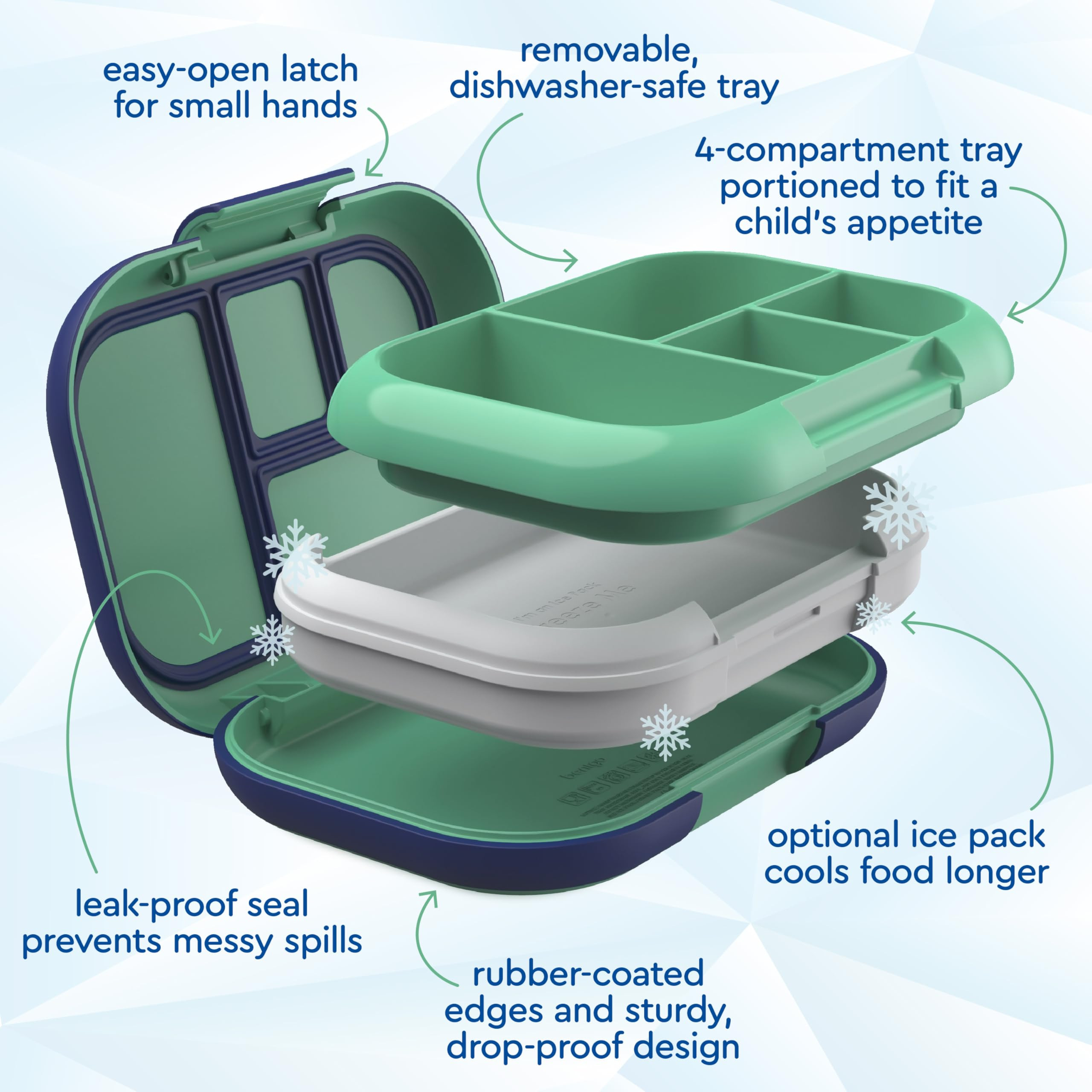 Bentgo Chill Kids Leak-Proof Lunch Box - 4-Compartment Bento Box with Built-In Ice Pack, 3.3 Cup Capacity, PFAS & BPA-Free, Microwave & Dishwasher Safe, Ideal Size for Ages 3 to 7 (Green/Navy) | Amazon (US)