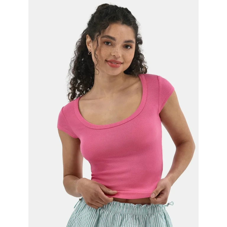 No Boundaries Scoop Tee with Cap Sleeves, Women's - Walmart.com | Walmart (US)
