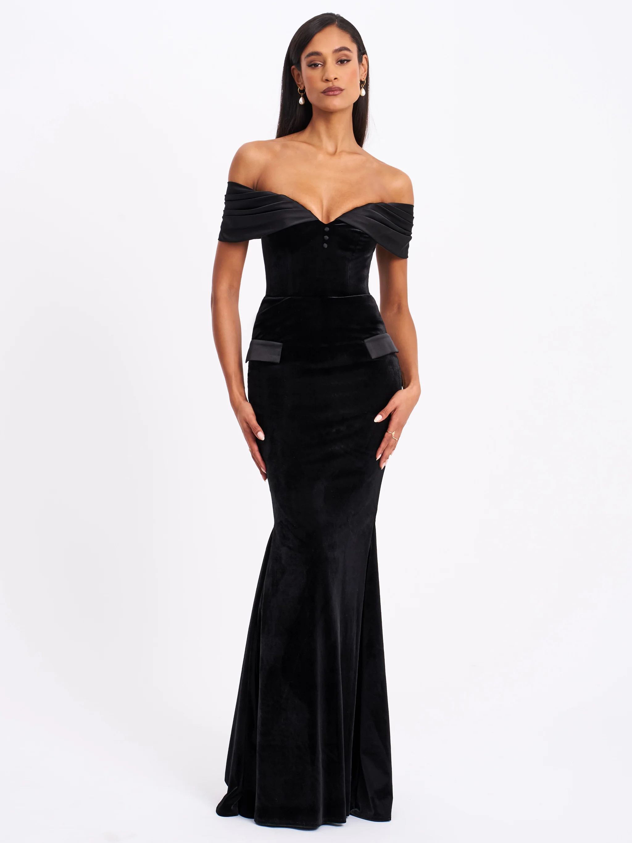 Qamra Black Velvet Off Shoulder Mermaid Maxi Dress | Miss Circle