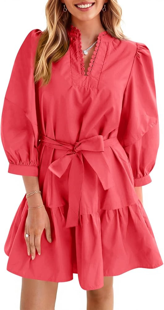 Cicy Bell Womens Puff 3/4 Sleeve Mini Dresses Bow Tie Waist Short Dress | Amazon (US)