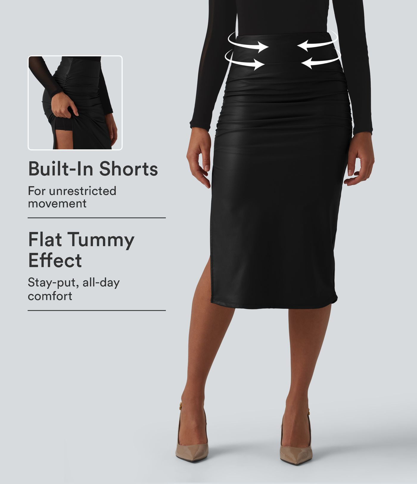 High Waisted Tummy Control Ruched Curved Hem 2-in-1 Fleece PU Midi Casual Skirt | HALARA