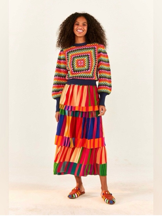 NWT Farm Rio Sunset Striped Tiered Midi Skirt sz L | Poshmark
