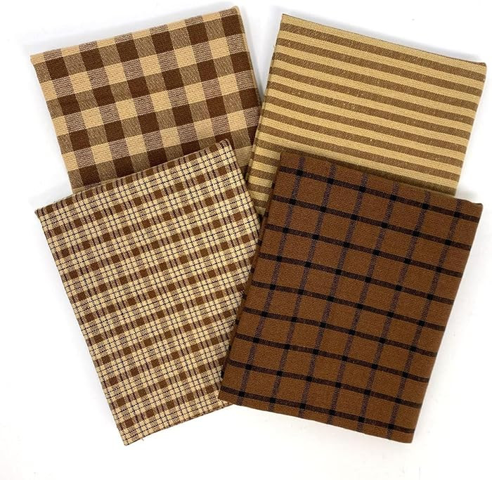 Set of 4 Fat Quarters, Tuscan Brown Assorted Plaid Gingham Homespun Cotton Fabric Bundle by JCS | Amazon (US)