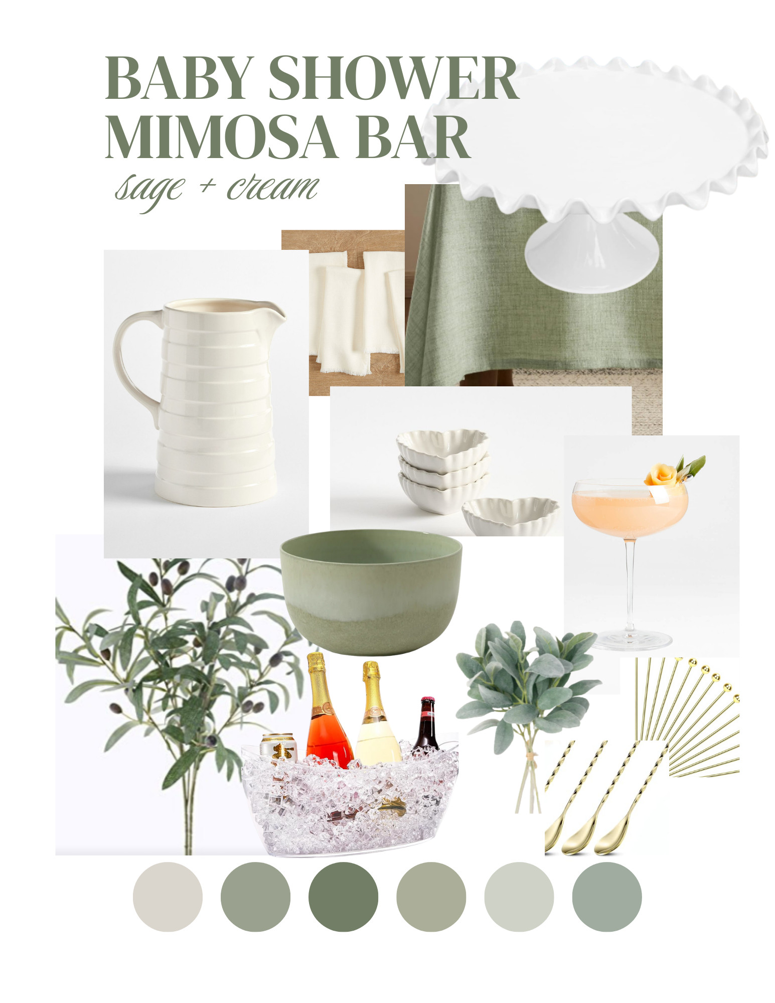 Sage green mimosa bar essentials for your brunch, bridal shower, or wedding! Linked: cream champagne flutes, sage green linen napkins, gold bar cart, marble serving tray, champagne bucket, fresh herb bundles (rosemary + sage), juice carafes, mimosa bar sign, gold flatware, sage green table runner, neutral glassware, cream ceramic bowls for fruit, botanical drink stirrers, and sage velvet ribbon. Perfect for spring brunch, garden party, botanical wedding, neutral baby shower, or elegant bridal shower. Earth tone bar setup that works for indoor or outdoor entertaining. Shop these sage and cream bar accessories, hostess essentials, and entertaining pieces! #mimosabar #sagegreen #brunchideas #bridalshower #babyshower #barcart #entertainingathome #hostessessentials #weddingbar #champagneflutes #neutraldecor 

 #LTKHome #LTKBaby