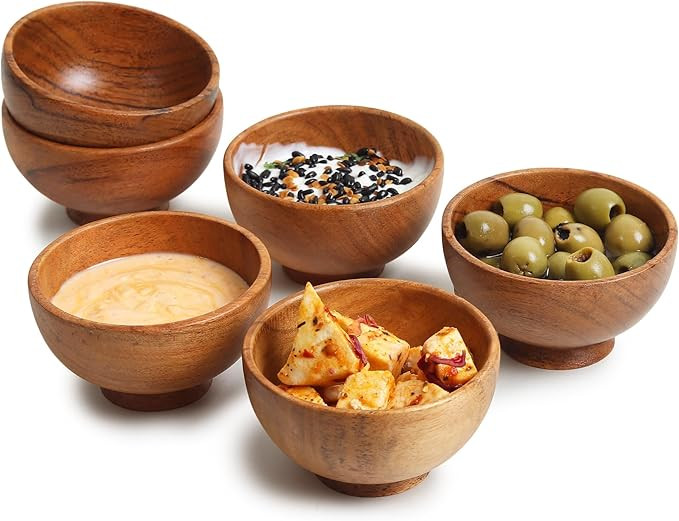 LAVAUX Designs Set of 6 Acacia Wood Small Bowls for Dipping | 120 ml | Hand Carved Wooden Kitchen... | Amazon (UK)