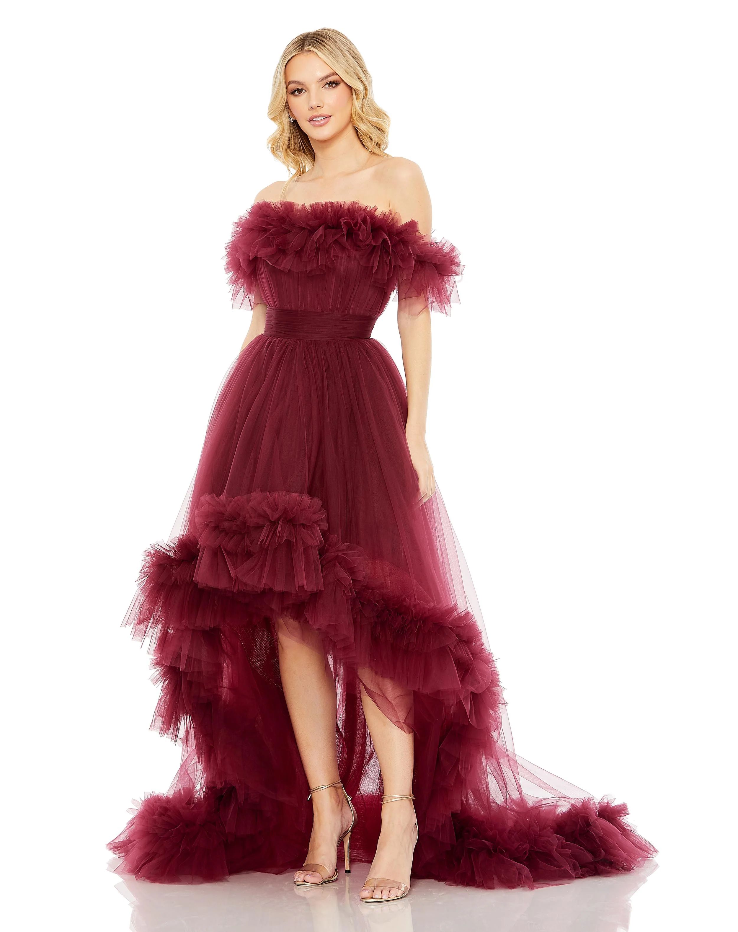 Tulle High-Low Off the Shoulder Gown | Mac Duggal