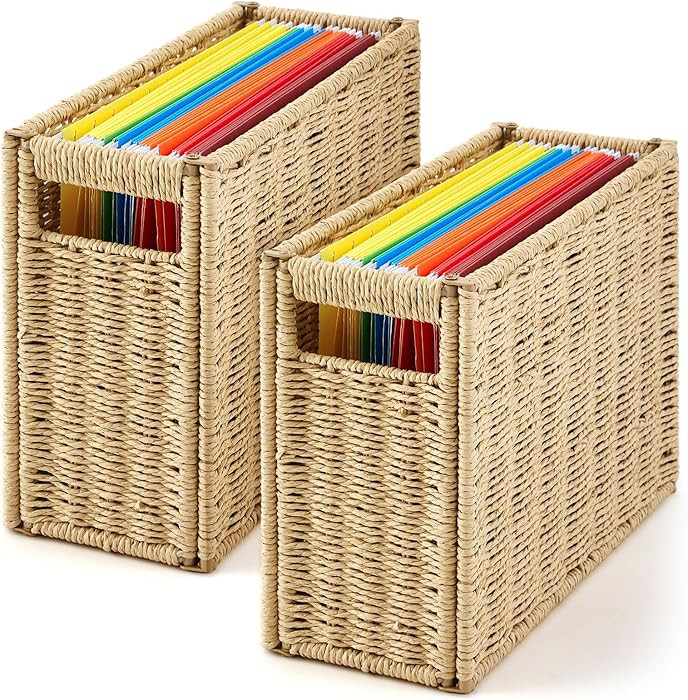 2 Pack Paper Rope Hanging File Box 14.5 x 6 x 10.8 Inch File Folder Organizer with Handle Portabl... | Amazon (US)