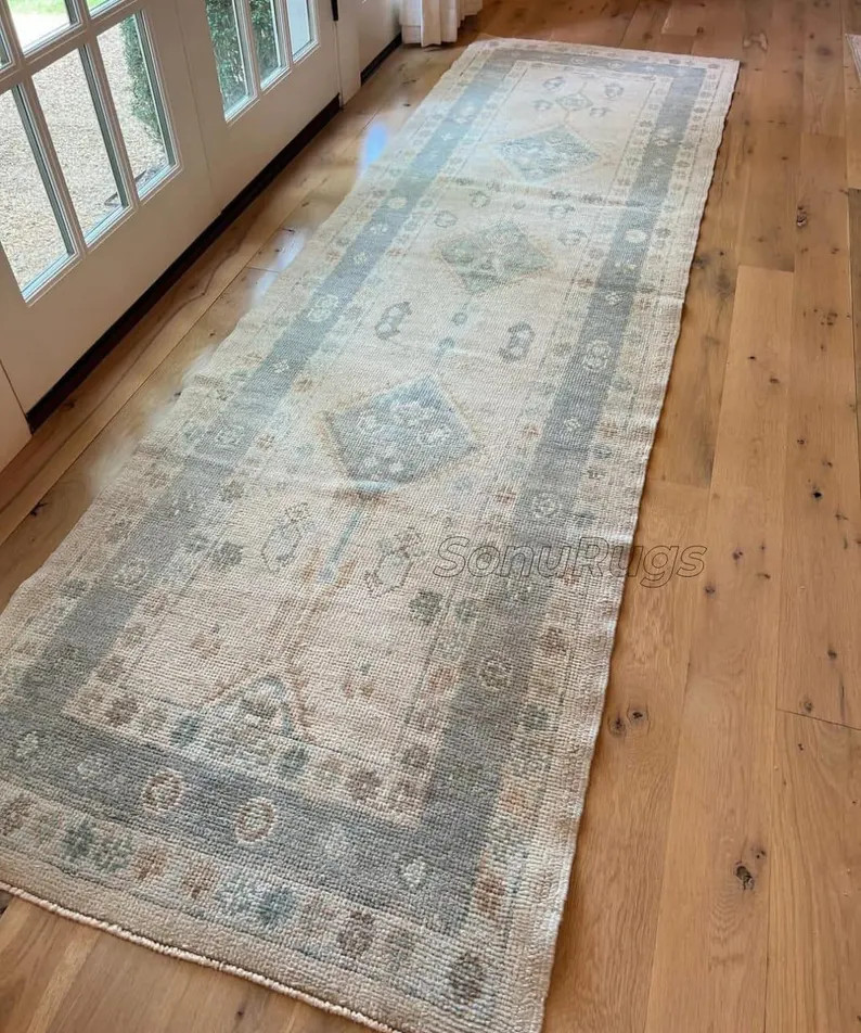Vintage Oushak Runner Rug 2.5x8, Hand Knotted Turkish Style Hallway Runner,Beige Blue Wool Runner... | Etsy (US)