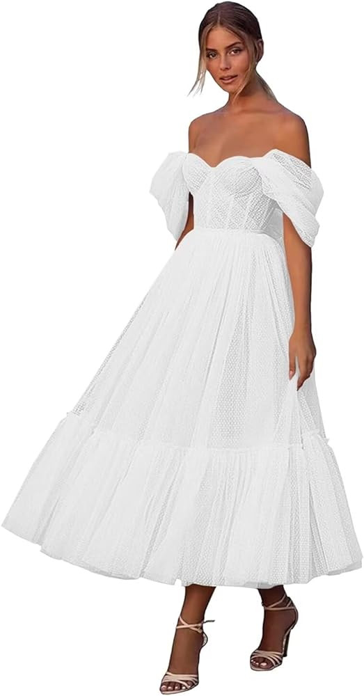 Eighale Tulle Dotted Tea Length Prom Dresses Off The Shoulder A-Line Formal Evening Party Gown | Amazon (US)