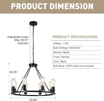 brfaixla 8-Light Black Wagon Wheel Chandelier, 23.6'' Farmhouse Matte Chandelier Pendant Light Fi... | Amazon (US)