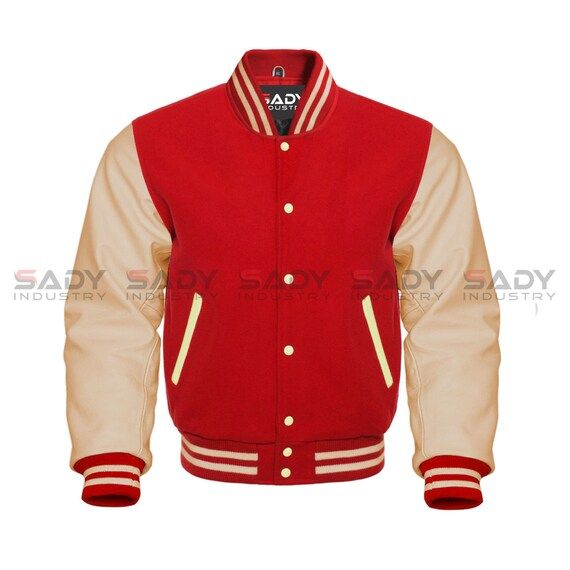 Varsity Letterman Baseball in Red Wool and Cream Natural Leather Sleeves Jacket SS-406V | Etsy (US)