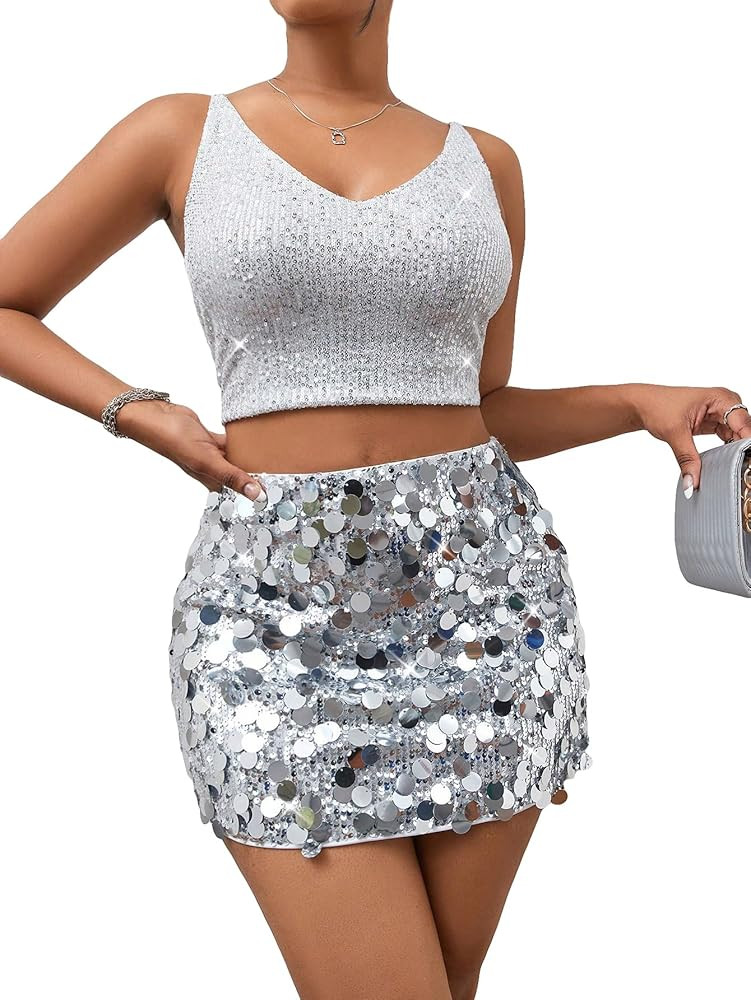 SHENHE Women's Sparkly Sequin High Waist Party Club Mini Bodycon Rave Skirt | Amazon (US)