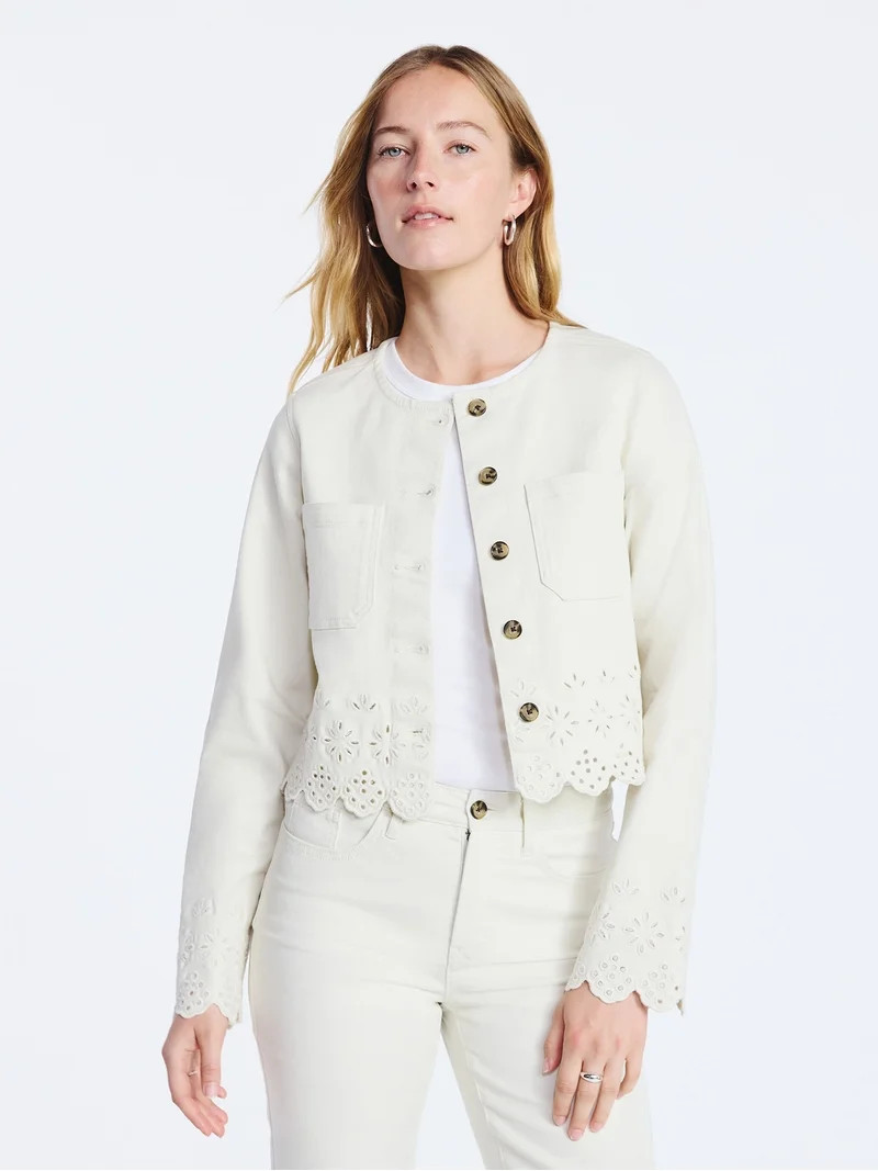 Free Assembly Women's and Women's Plus Embroidered Eyelet Denim Jacket, Sizes XS-4X | Walmart (US)