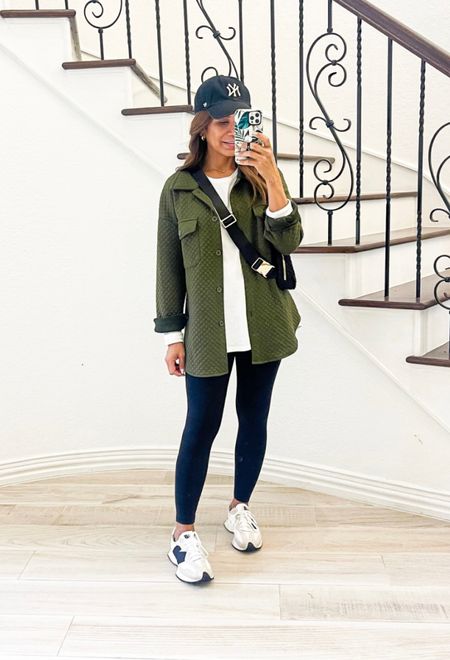 Quilted button down jacket in small tts
(Pls note that this is not a thick jacket, it’s more of a shacket). Color is Army Green.
White shirt (great basic layering piece) I sized up to medium.
Crossover leggings in 25” in XS. So incredibly soft.
New Balance 327 fits tts.
Sherpa belt bag. 
Amazon finds, fashion over 40, fall outfits, fashion over 50, casual outfit, mom style. 

#LTKVideo #LTKover40 #LTKstyletip