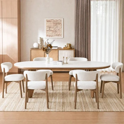 Hugette 71'' Oval Dining Table For 6 People, Modern Sintered Stone Kitchen Table With Mdf Pedestal, Mid-century Travertine Dinner Table For Dining Roo | Wayfair North America