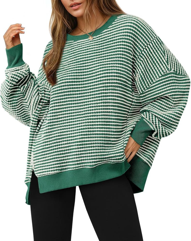 Fisoew Women's Fall Oversized Sweatshirt Casual Waffle Knit Long Sleeve Crewneck Split Pullover T... | Amazon (US)