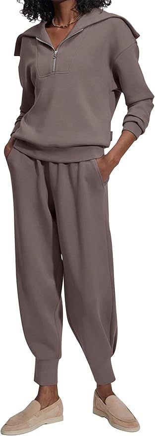 SAFRISIOR Women Two Piece Outfits Tracksuit Half Zip Lapel Long Sleeve Sweatshirt Cinch Bottom Sw... | Amazon (US)