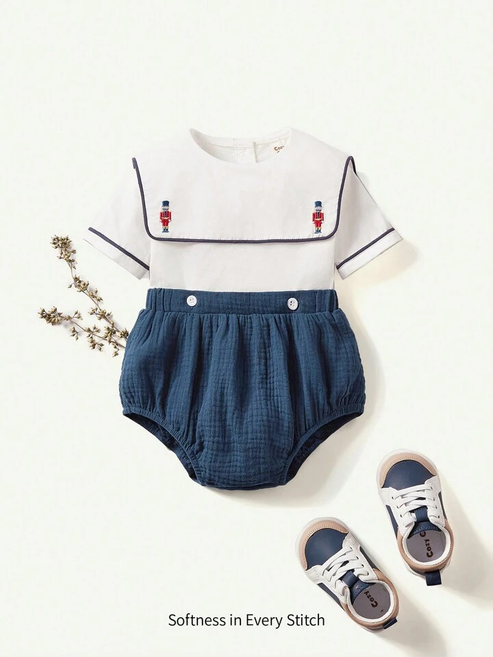 Cozy Pixies Baby Boy Cavalry Pattern Navy Collar Short Sleeve T-Shirt And Shorts Set | SHEIN
