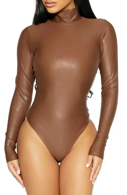 Naked Wardrobe The Drip, Drip, Drip Faux Leather Bodysuit in Brown at Nordstrom, Size Large | Nordstrom