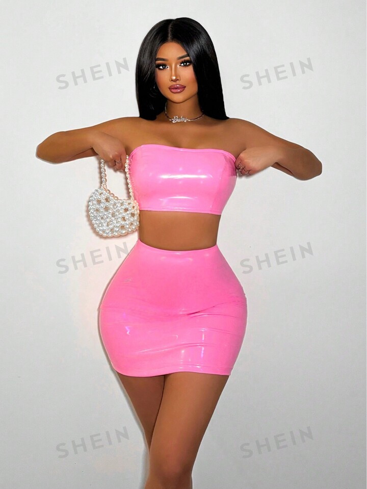 SHEIN SXY Women's Pu Leather Strapless Crop Top And Hip Hugging Skirt Set | SHEIN