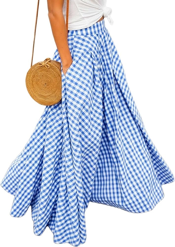 Mansy Women\u2019s Tartan Maxi Skirt Vintage High Waist Flowy Swing Skirt Checkered Pleated Hem f... | Amazon (US)