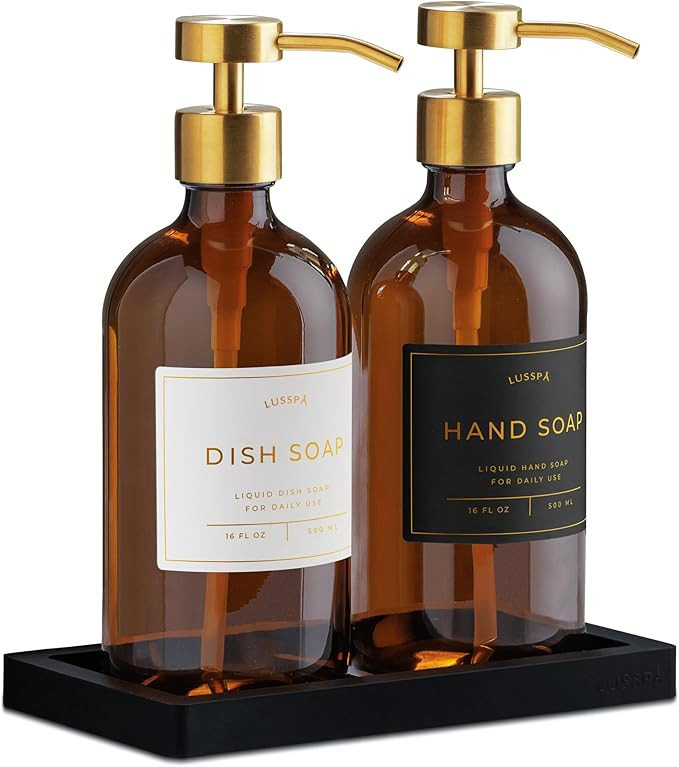 Glass Soap Dispenser Set of 2 (Amber) with Silicone Tray | Hand and Dish Soap Dispenser for Kitch... | Amazon (US)