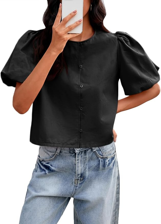 Tankaneo Womens Cropped Tops Puff Sleeve Button Down Shirts Trendy Casual Loose Fit Cute Blouse | Amazon (US)
