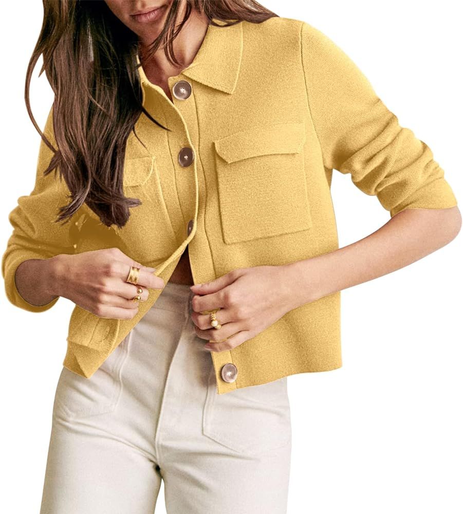 Senllen Women's Open Front Cropped Cardigan Long Sleeve Button Down Shackets Jacket Knit Patch-Po... | Amazon (US)