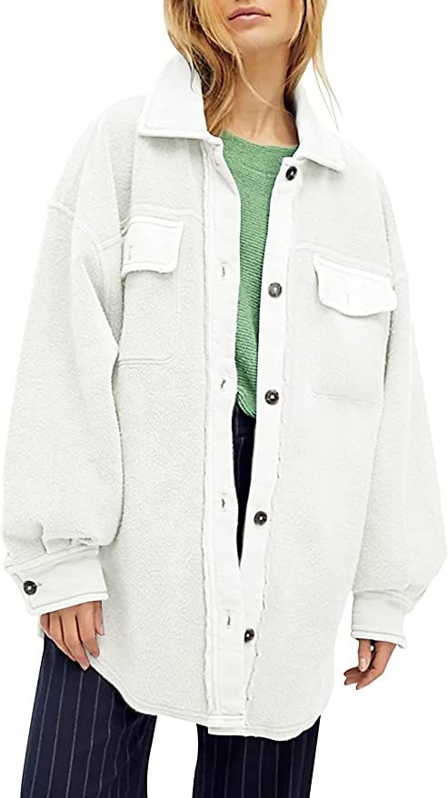 Womens Oversized Long Sleeve Button Down Shirt Jacket Soft Comfy Casual Shacket Coats with Pocket... | Amazon (US)