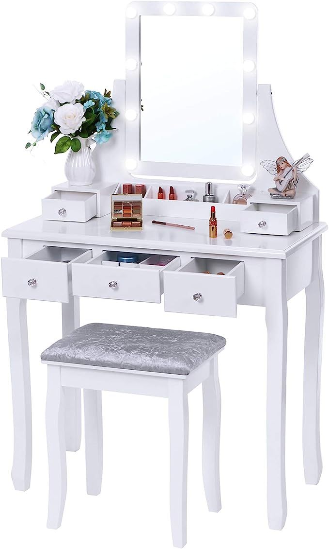 BEWISHOME Vanity Set with Lighted Mirror, 10 LED Dimmable Bulbs, Cushioned Stool, Makeup Vanity M... | Amazon (US)