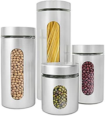 Estilo 4 Piece Brushed Stainless Steel and Glass Canisters with Window, Silver | Amazon (US)