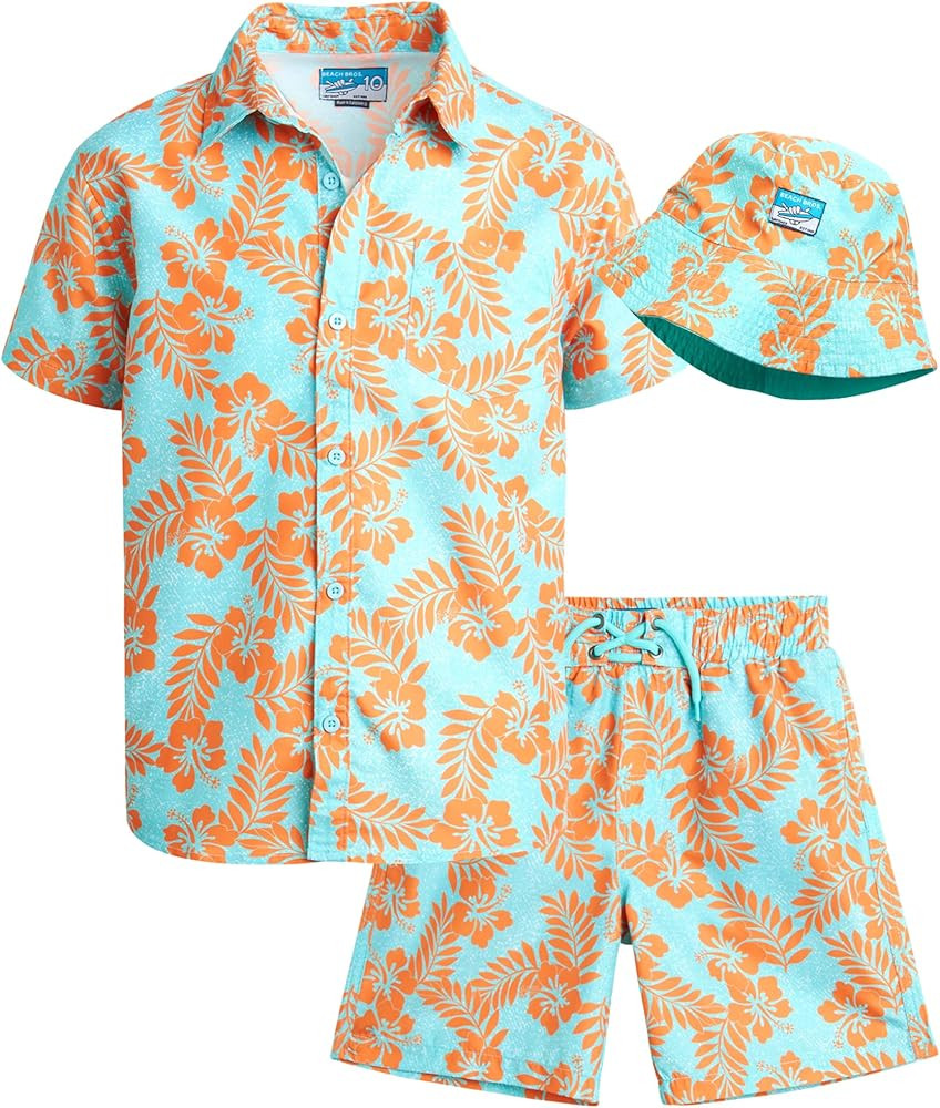 Boys Summer Shorts Set - 3 Piece Button Down Hawaiian Shirt, Swim Trunks, Bucket Hat - Boys Hawai... | Amazon (US)