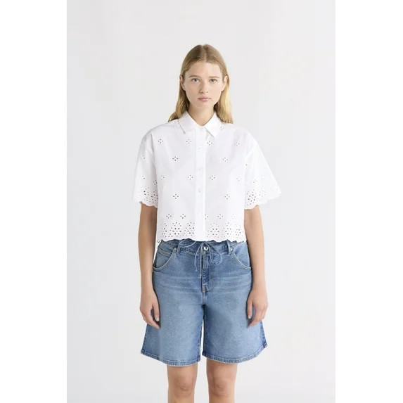 Free Assembly Women's and Women's Plus Cropped Cotton Eyelet Shirt, Sizes XS-4X | Walmart (US)