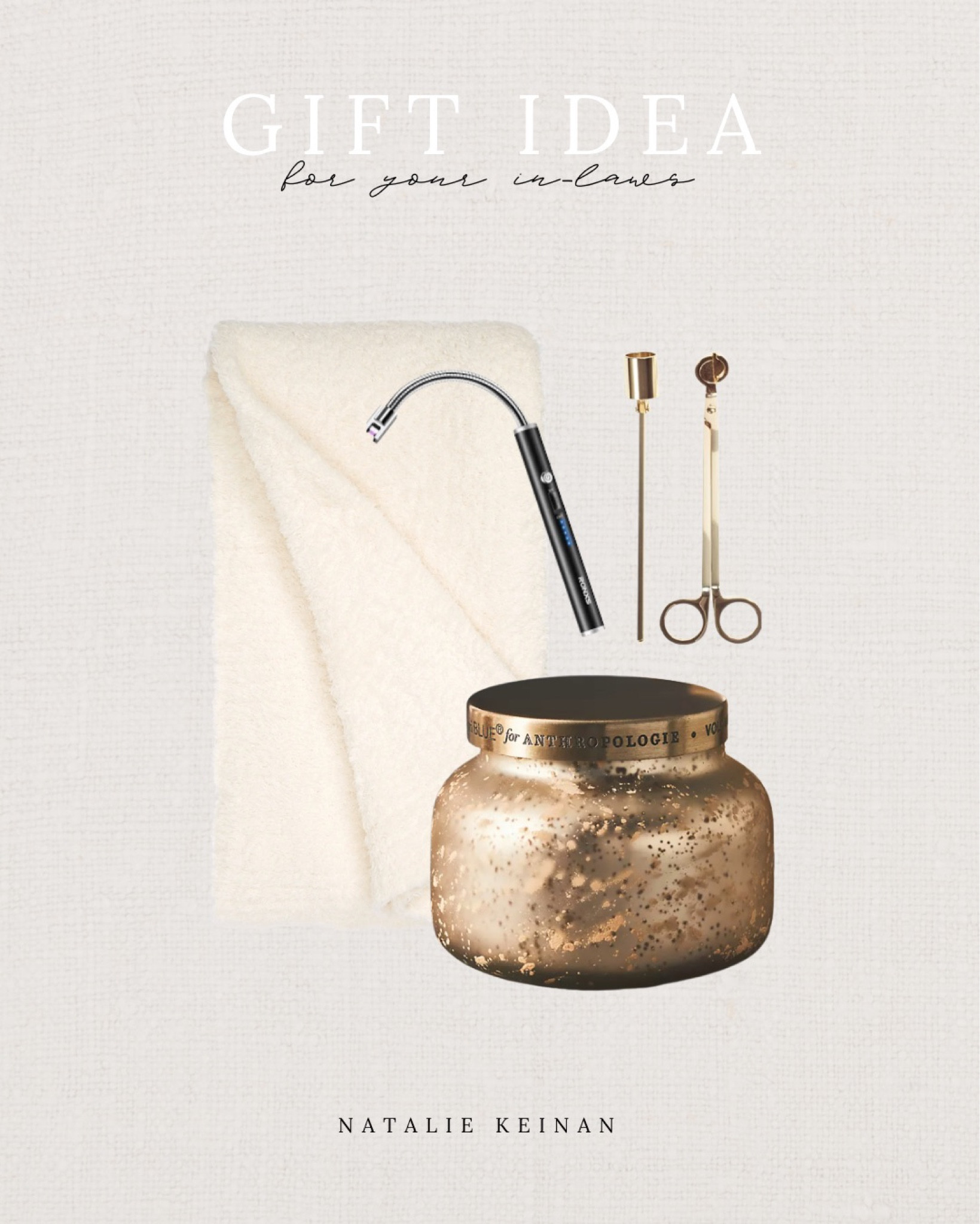 Gift idea for your in-laws! Anthropologie candle, cozy blanket, electric lighter, candle snuffer. Present for her. Present for couples. 

#LTKHoliday #LTKGiftGuide #LTKhome