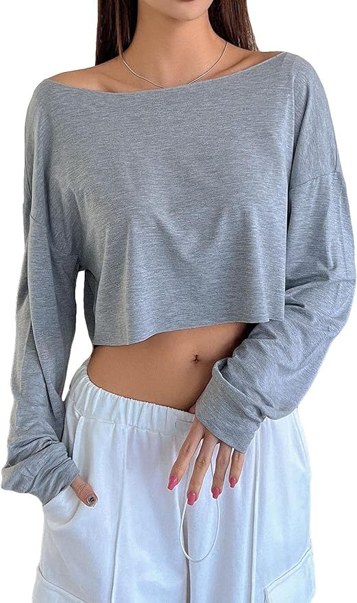 COZYEASE Women's Long Sleeve T Shirt Drop Shoulder Boat Neck Crop Top Basic Tee Tops Y2k Trendy T... | Amazon (US)