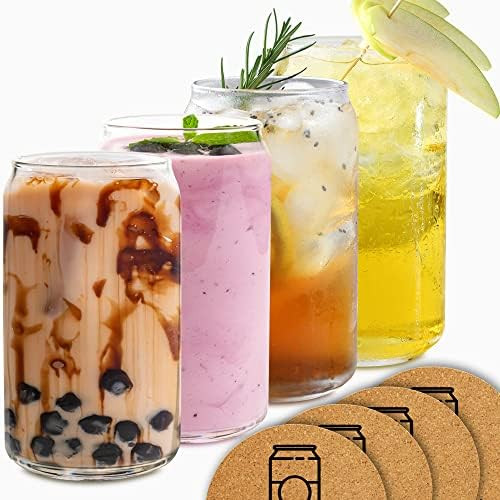 Beer Can Glasses Set of 4- Can Shaped Beer Glass Cups - Holds 16 Oz- Cork Coasters Included in Set-  | Amazon (US)
