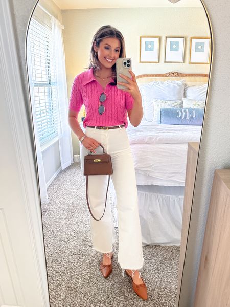 OOTD! Wearing a size small in top and 2 in jeans! Exact jeans are the marine straight jeans from Zara! Linked in my Zara faves list in the link in my bio! Watch is vintage Cartier 💗

OOTD // white jeans // 

#LTKstyletip #LTKSeasonal
