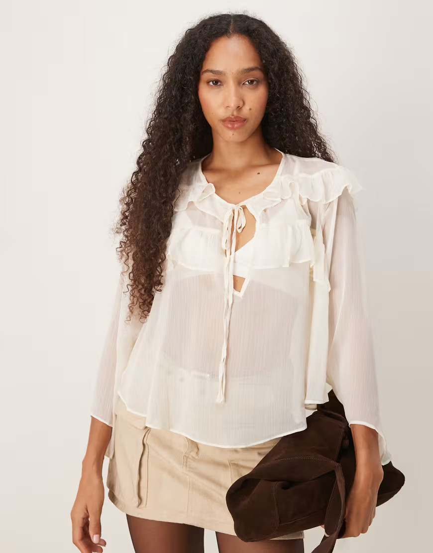Glamorous Tie Front Keyhole Detail Ruffle Blouse in cream-White | ASOS (Global)