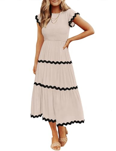 ZESICA Women's Summer Flutter Short Sleeve Smocked Midi Dress Casual High Waist Rickrack Tiered F... | Amazon (US)