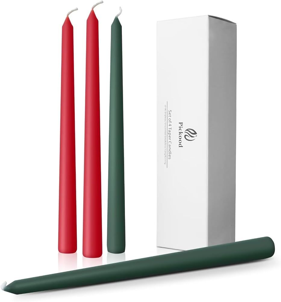 Pickood 10-Inch Tall Dripless Taper Candles Set of 4 - Red and Green Tapered Candles, Perfect for... | Amazon (US)