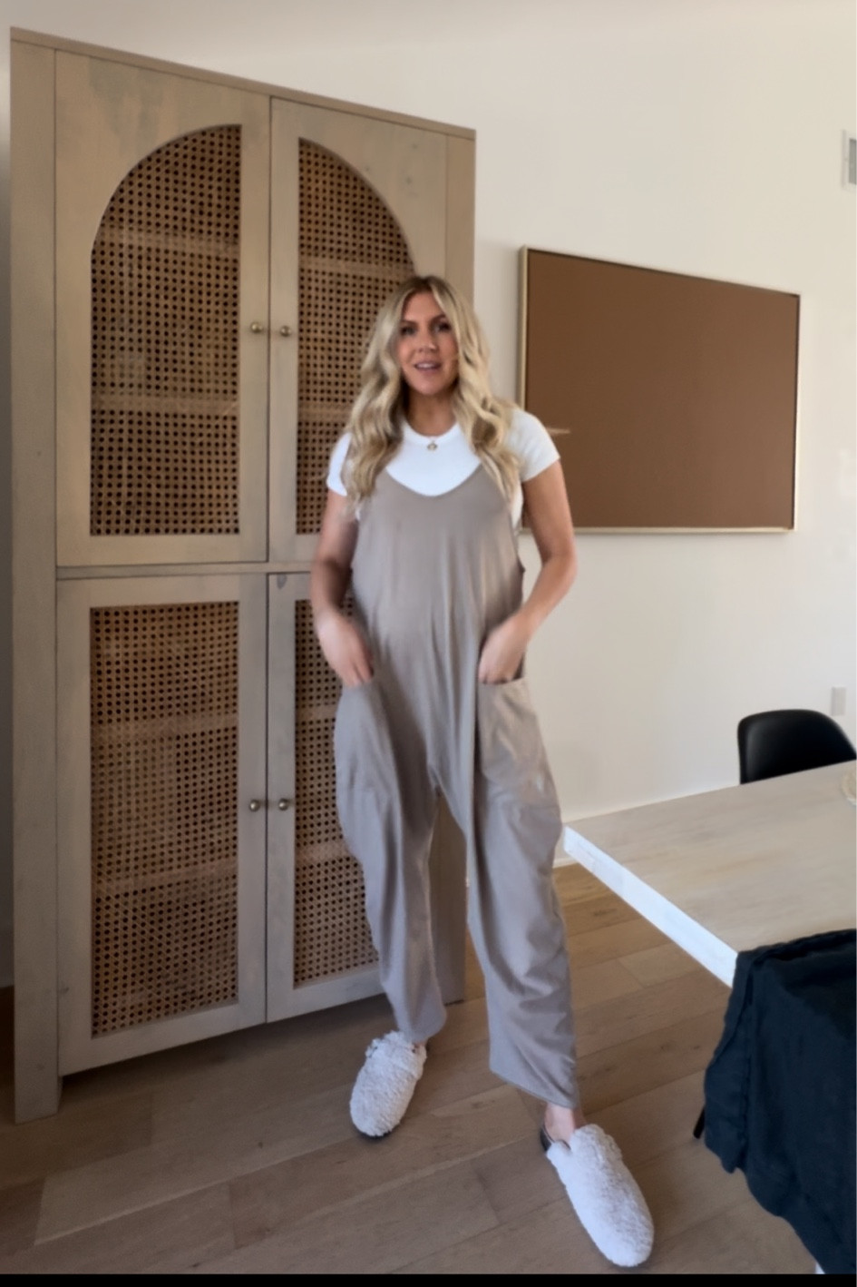 Maternity or non maternity outfit 
Free people onesie
Shearling slides 

#LTKSeasonal #LTKHoliday