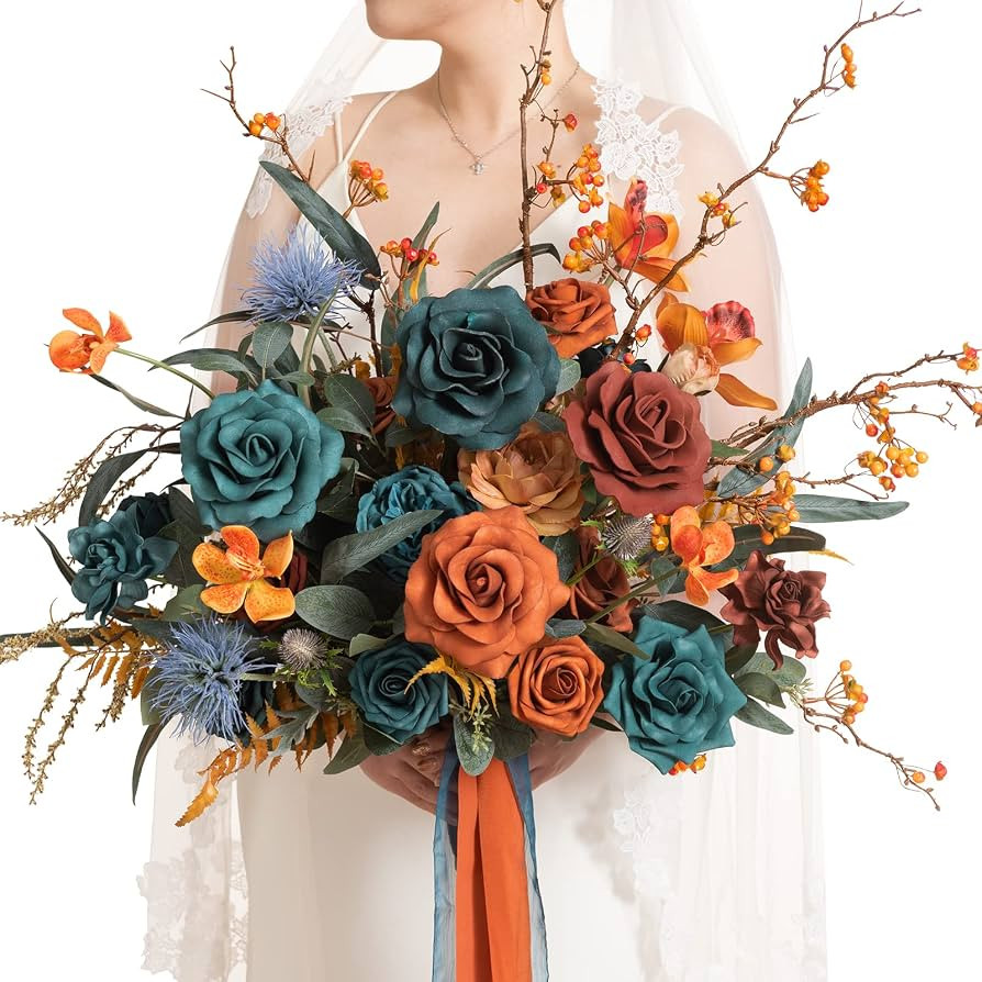 Ling's moment Freeform Bridal Bouquet Orange Wedding Bouquets for Bride 15" | Amazon (US)