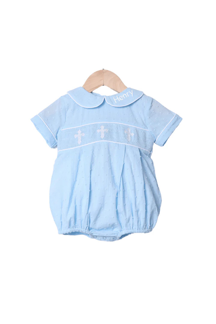 Smocked Cross Blue Swiss Dot Bubble | The Smocked Flamingo