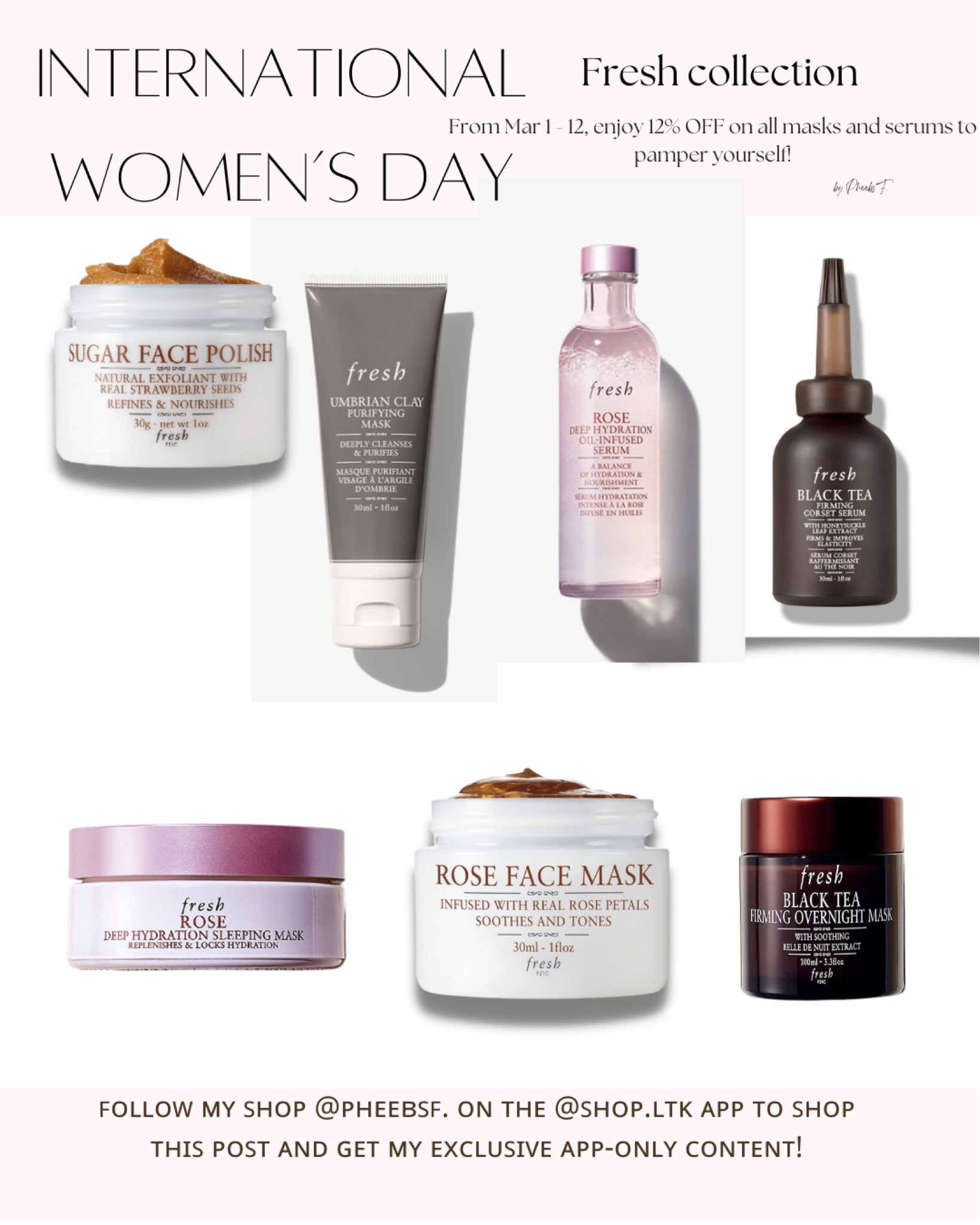 #Fresh celebrating International Women’s Day 

1. From Mar 1 - 12, enjoy 12% OFF on all masks and serums to pamper yourself!

2. Code【FRESHAIR】to get Mini Sugar Mint Lip Treatment, enjoy the burst of cooling minty freshness!

3. Purchase any gift sets to enjoy Rose Face Mask 15ml and Rose Face Cream 7ml (value HK$195)!

#skincare #skincareroutine

#LTKSale #LTKbeauty #LTKFind