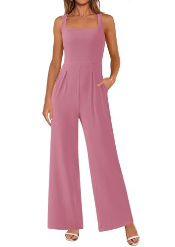 PRETTYGARDEN Summer Sleeveless Jumpsuits for Women Dressy Square Neck Wide Leg Pants Knit One Piece Rompers Fashion Clothing (Pink,Small) | Amazon (US)